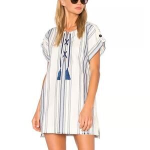 Lemlem Halima Blue White Striped Lace Up Tunic Mini Dress XS